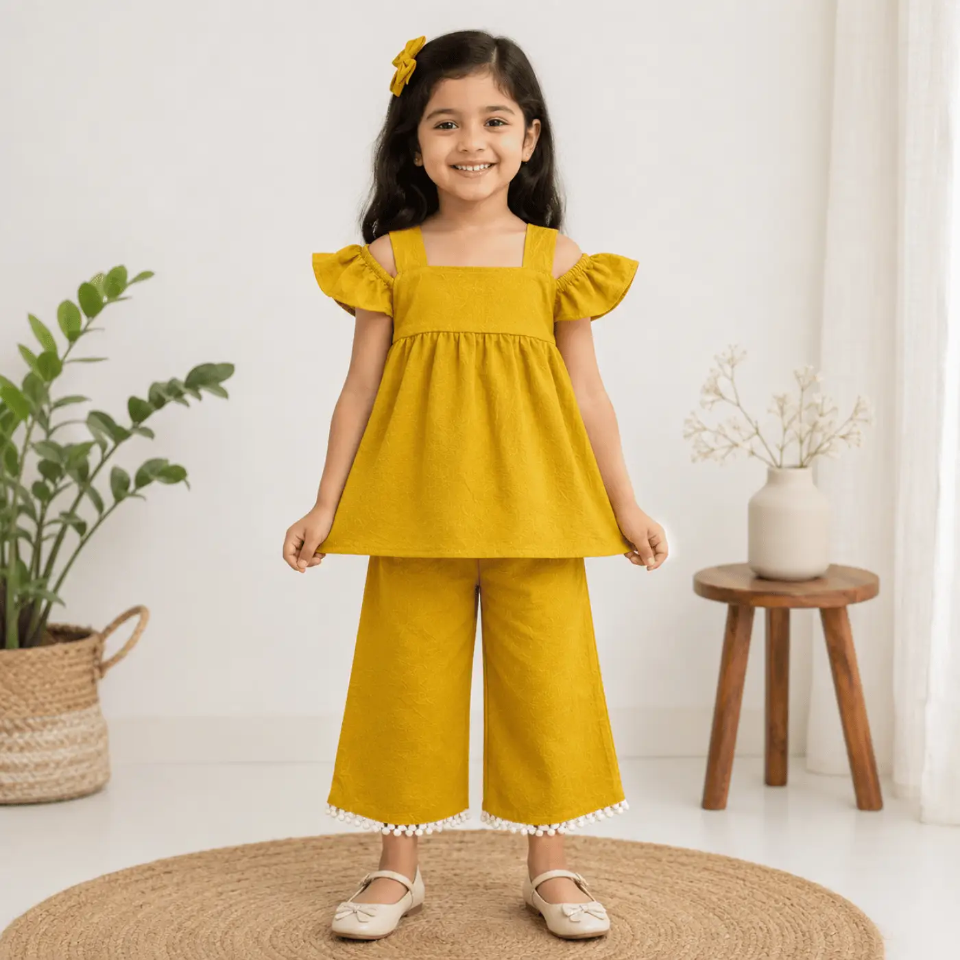 Girls Mustard Flutter Sleeve Top and Wide Leg Pants Set