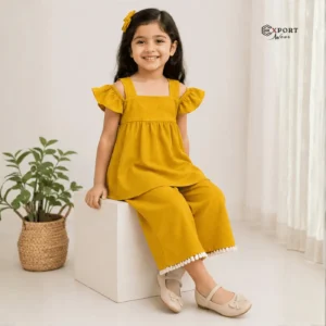 Girls Mustard Flutter Sleeve Top and Wide Leg Pants Set_2