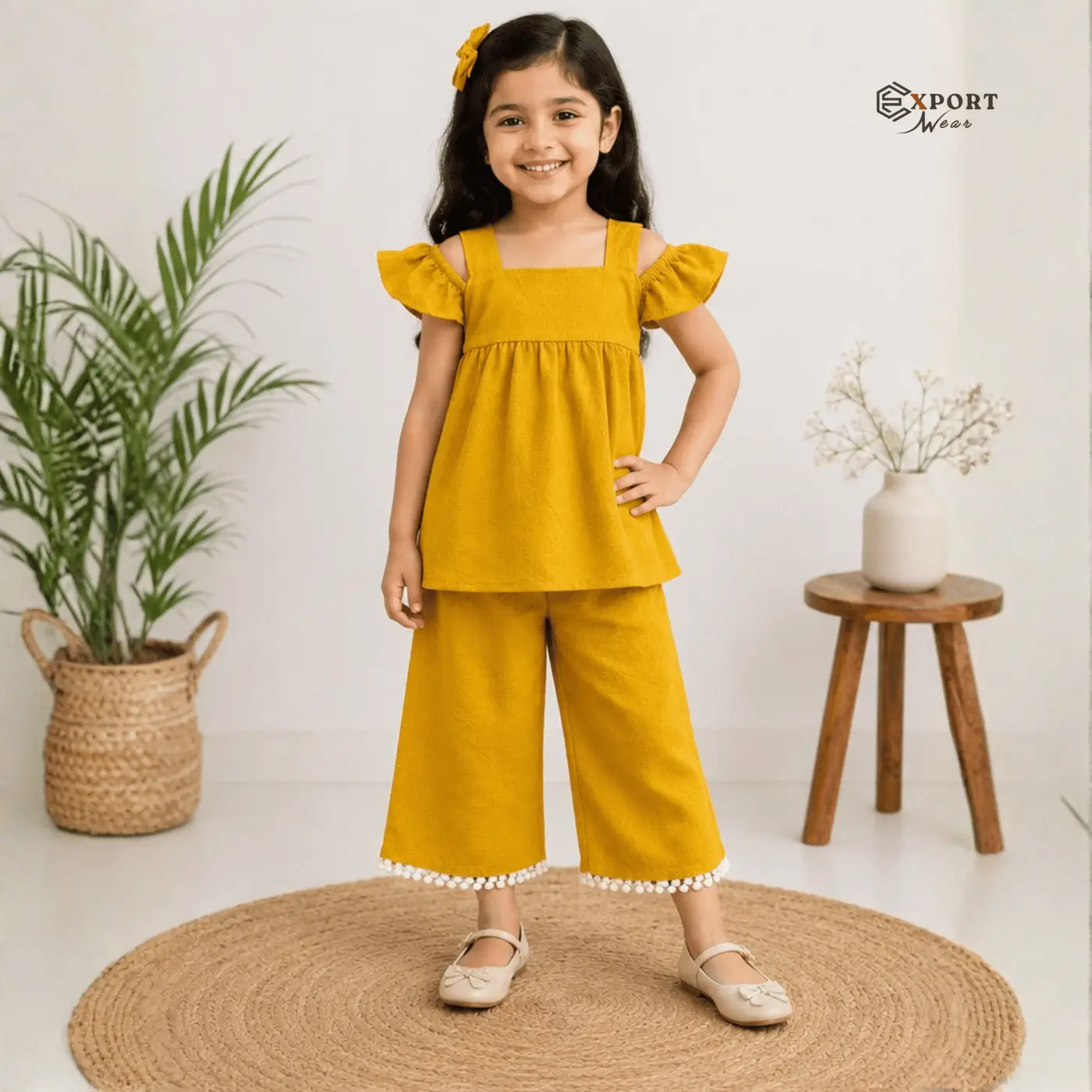 Girls Mustard Flutter Sleeve Top and Wide Leg Pants Set_3