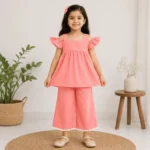 Girls Peach Flutter Sleeve Top and Wide Leg Pants Set