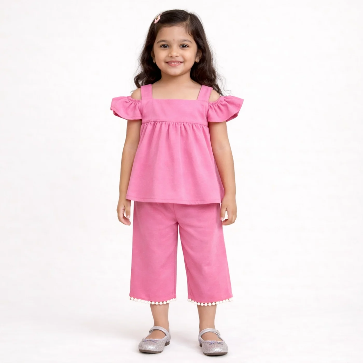 Girls Pink Flutter Sleeve Top and Wide Leg Pants Set