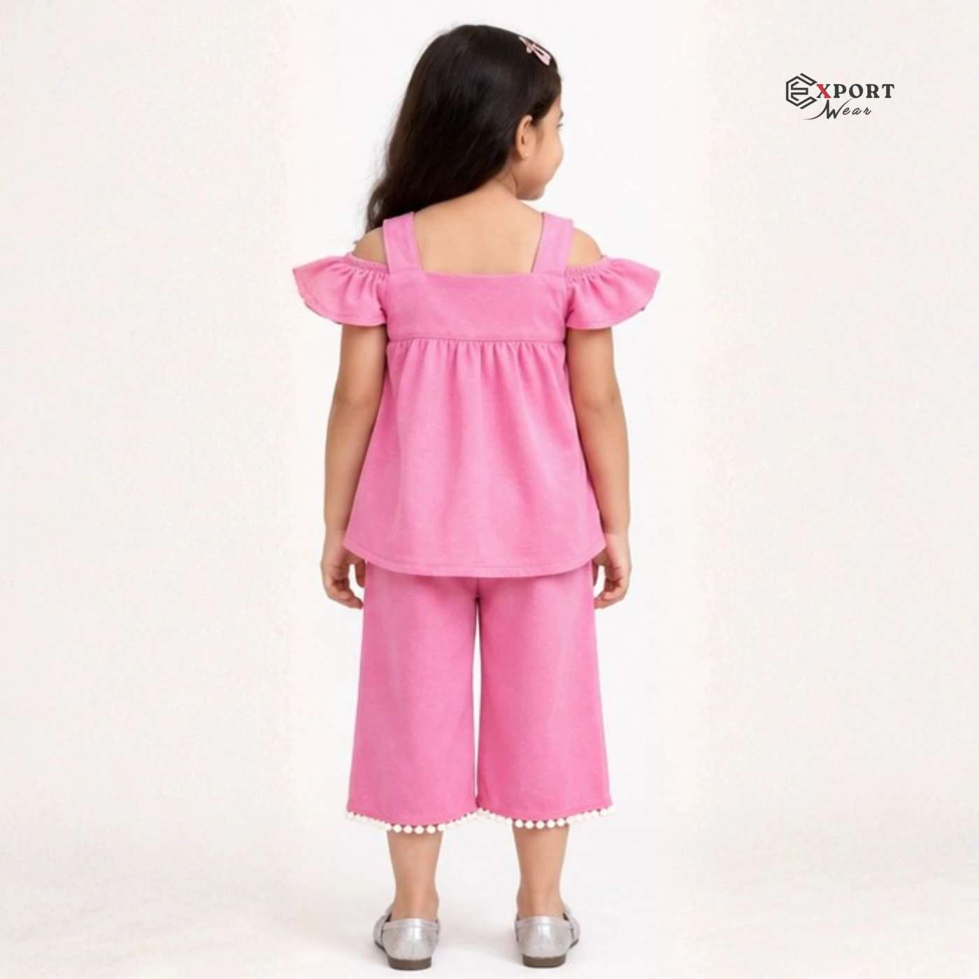Girls Pink Flutter Sleeve Top and Wide Leg Pants Set